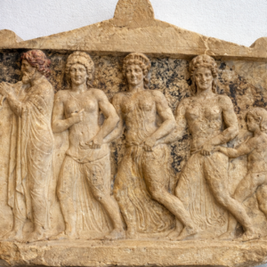 Stone relief of idealized human figures, illustrating a culture that elevates human form and order, in contrast to Scripture’s call to worship יהוה (YHWH) alone.