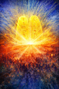Radiant stone tablets bearing Hebrew script emerge in fire and light above a gathered multitude, symbolizing divine revelation and covenant instruction.