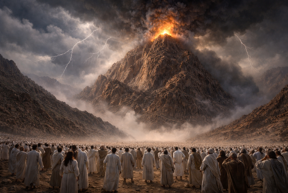 Israel gathered before Mount Sinai as fire, smoke, and lightning descend upon the mountain during the covenant theophany described in Exodus 19.