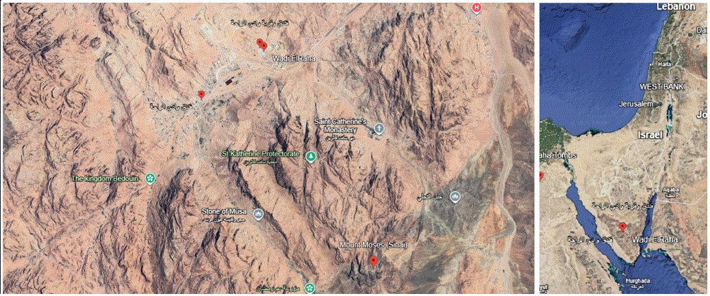 Satellite map showing Wadi er-Raha and Mount Sinai (Jebel Musa) in the Wilderness of Sinai, traditionally associated with Israel’s encampment in Exodus 19.