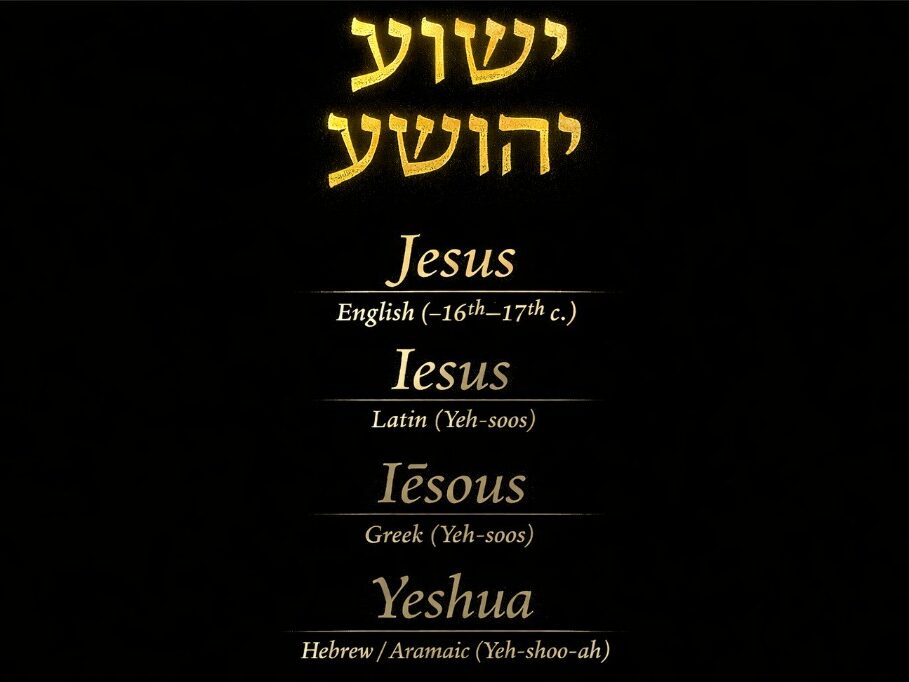 Minimalist black background graphic showing the Hebrew names ישוע and יהושע in gold at the top, with the name displayed below in English, Latin (Iesus), Greek (Iēsous), and Hebrew/Aramaic (Yeshua), centered in a vertical layout.